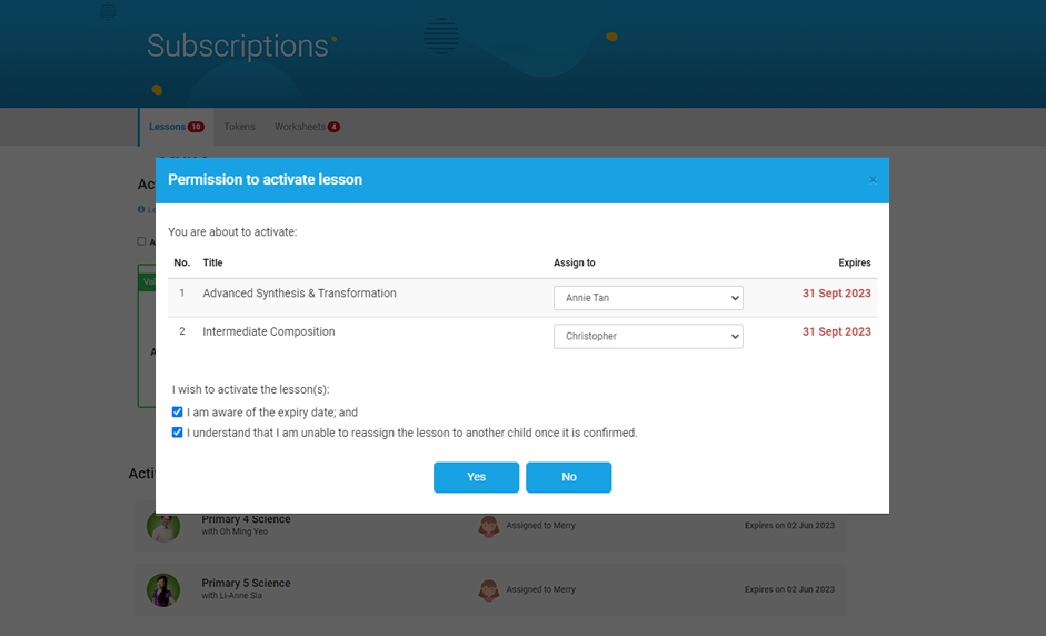 Choose to assign lessons or tokens to your child and arrange for delivery of course materials.