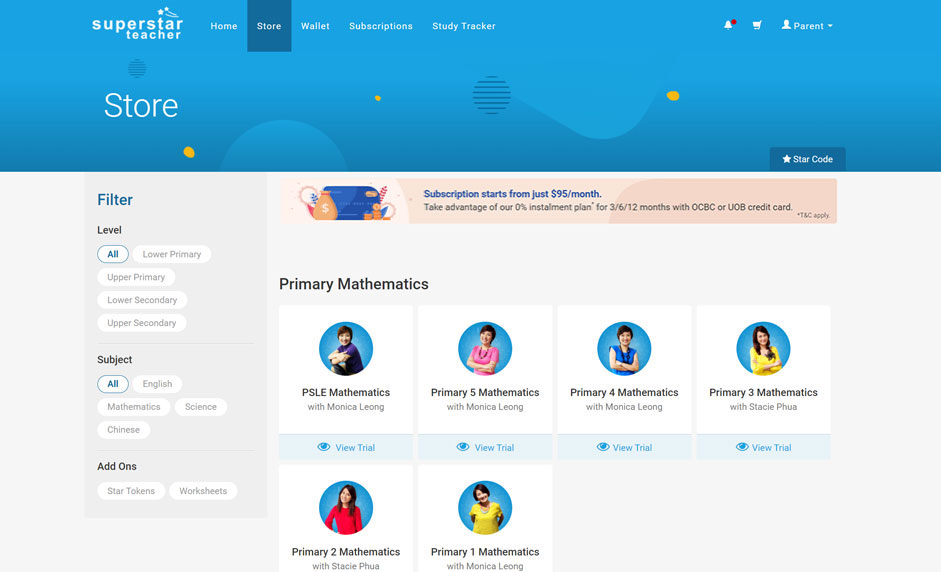 View the trial lessons under Store and make your first purchase when you are ready.